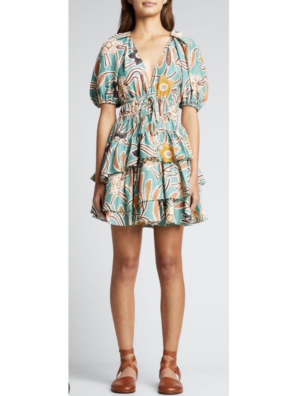 Ulla Johnson Green Floral Print Puff Sleeve Tiered Ruffle Mini Dress Women